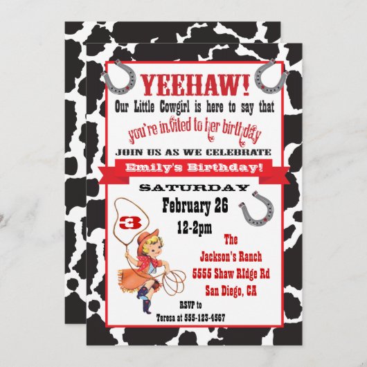 リトル女性のカーボーイ誕生日パーティーの招待 招待状 (正面/裏面)