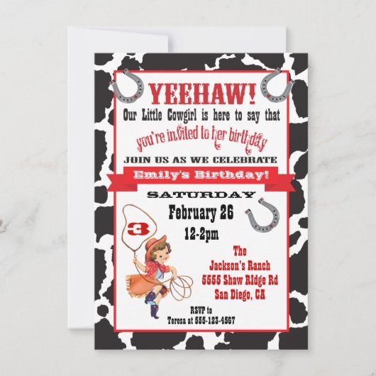 リトル女性のカーボーイ誕生日パーティーの招待 招待状 (正面)