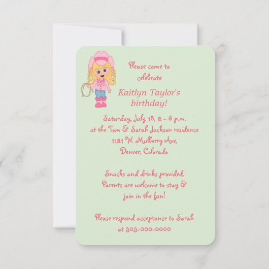 リトル女性のカーボーイ誕生日パーティーの招待 招待状 (裏面)