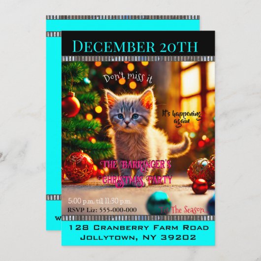 リトル子猫年間家族かわいいクリスマスパーティー 招待状 (正面/裏面)