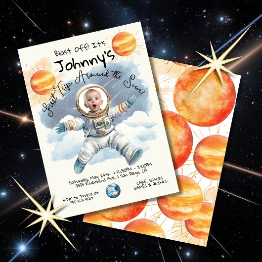リトル宇宙飛行士の最初ののまわりに旅の太陽誕生日 招待状