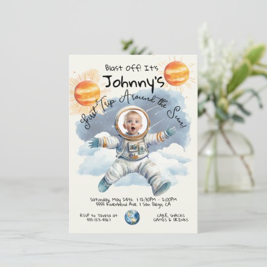 リトル宇宙飛行士の最初ののまわりに旅の太陽誕生日 招待状 (スタンド正面)