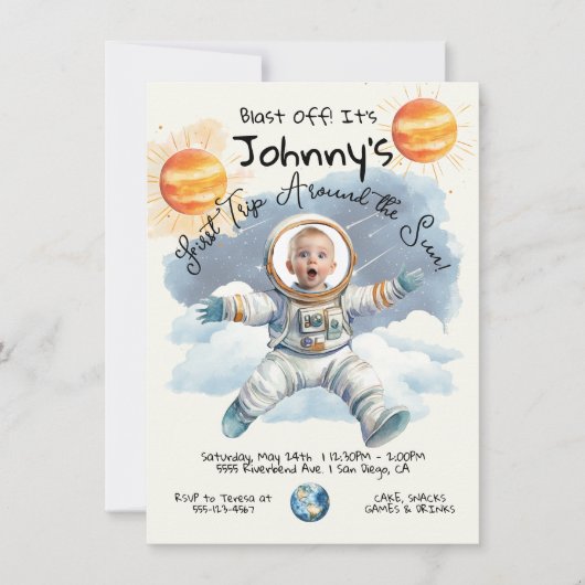 リトル宇宙飛行士の最初ののまわりに旅の太陽誕生日 招待状 (正面)