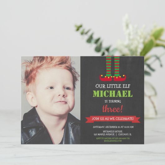 リトル小妖精や小人かわいいクリスマスバースデーパーティーの写真 招待状 (スタンド正面)