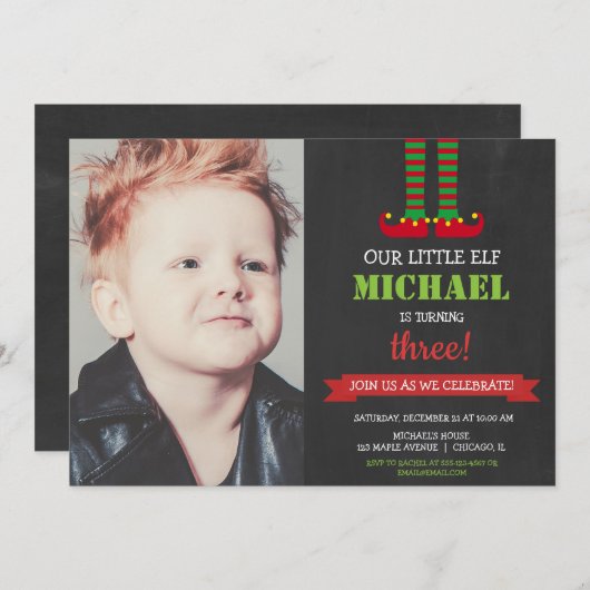 リトル小妖精や小人かわいいクリスマスバースデーパーティーの写真 招待状 (正面/裏面)