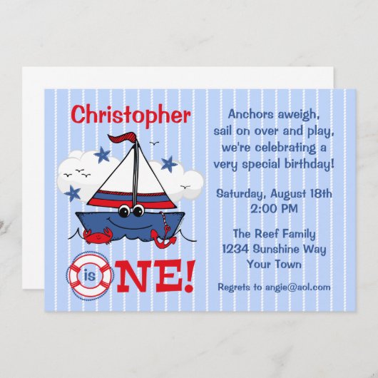 リトル帆船1歳の誕生日 招待状 (正面/裏面)