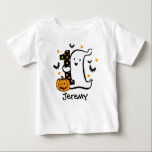リトル幽霊1歳 ベビーTシャツ<br><div class="desc">この愛らしいデザインは、ベビーの最初の誕生日とハロウィーンに最適で、幸せな小さな幽霊、こうもりおもしろい、笑顔のジャック – O-Lanternを備えている。小さな幽霊は彼の腕のまわりにが大きなポルカ点々のあるナンバー1.10素晴らし月の第1の誕生日。自分カスタマイズの文字でパーソナライズされた。ピンクインクアートオリジナル!</div>