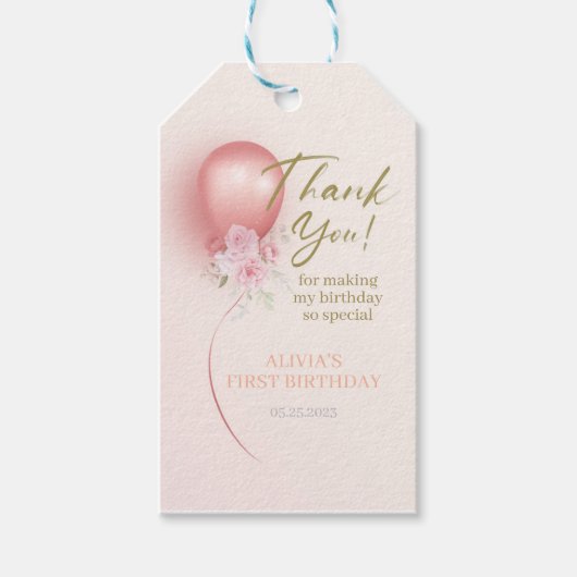 リトル恋しく思ア・ワン・ダーフル・ピンク・バルーン・フローラ誕生日 ギフトタグ (正面)