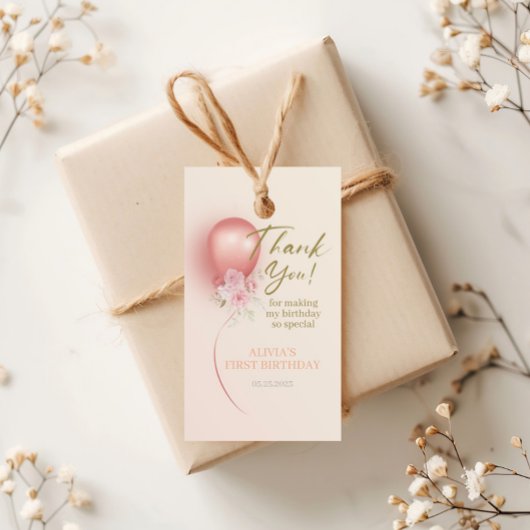リトル恋しく思ア・ワン・ダーフル・ピンク・バルーン・フローラ誕生日 ギフトタグ
