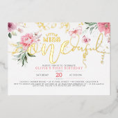 リトル恋しく思ア・ワン・ダーフル・ピンク・フローラ1st誕生日 箔招待状 (正面)