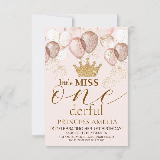 リトル恋しく思ア・ワン・ダーフル・ピンク・金ゴールド・クラウン1歳の誕生日 招待状 (正面)