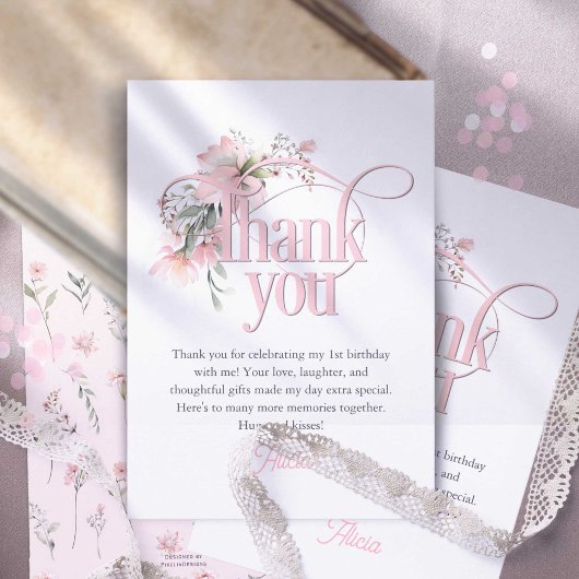 リトル恋しく思オネダーフルエレガントガール1st誕生日 サンキューカード