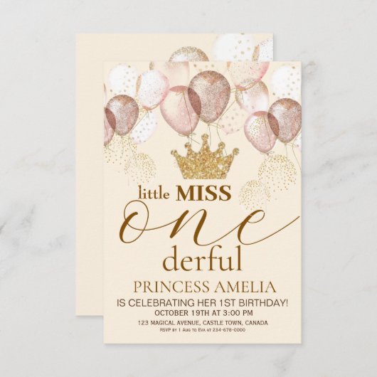 リトル恋しく思オネダーフルクラウンプリンセス第1誕生日 招待状 (正面/裏面)