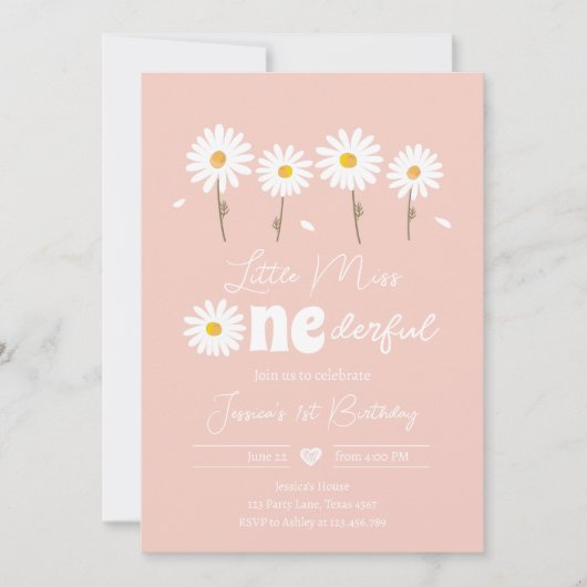 リトル恋しく思オネダーフルデイジーピンクファースト誕生日 招待状 (正面)