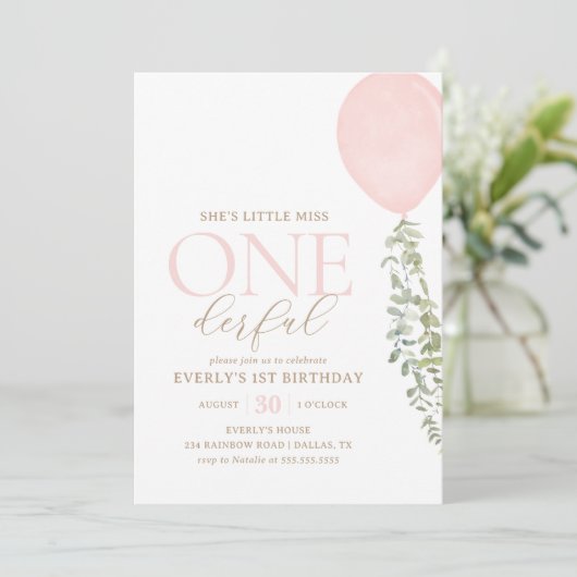 リトル恋しく思オネダーフルピンクバルーン1歳の誕生日 招待状 (スタンド正面)