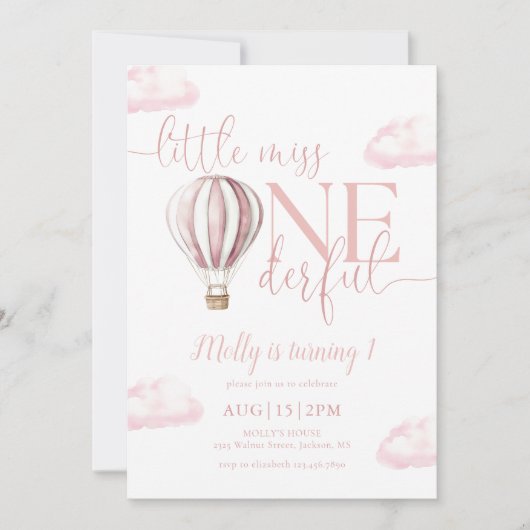 リトル恋しく思オネダーフルピンクバルーン1歳の誕生日 招待状 (正面)