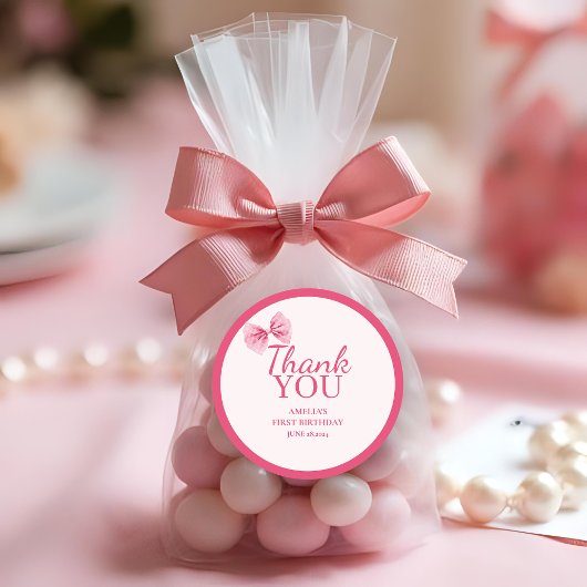 リトル恋しく思オネダーフルピンクボウファースト誕生日 ラウンドシール