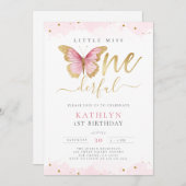 リトル恋しく思オネダーフルピンク金ゴールド最初の誕生日 招待状 (正面/裏面)