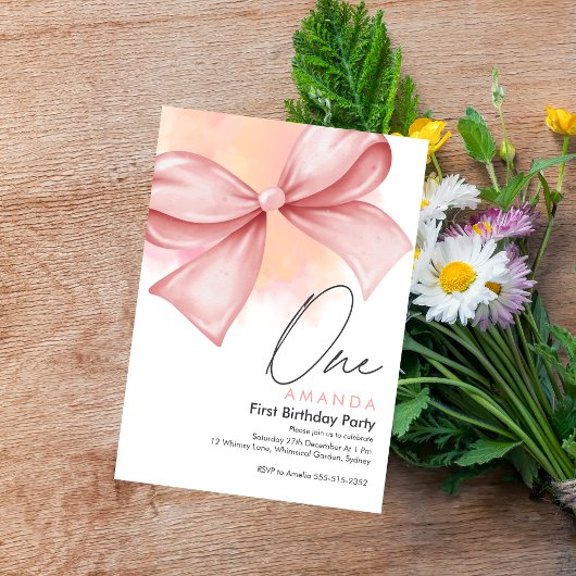 リトル恋しく思オネダーフルピンク1歳の誕生日の招待状 招待状