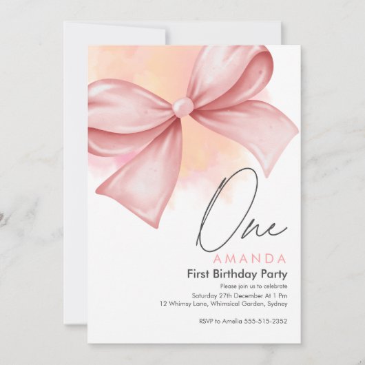 リトル恋しく思オネダーフルピンク1歳の誕生日の招待状 招待状 (正面)