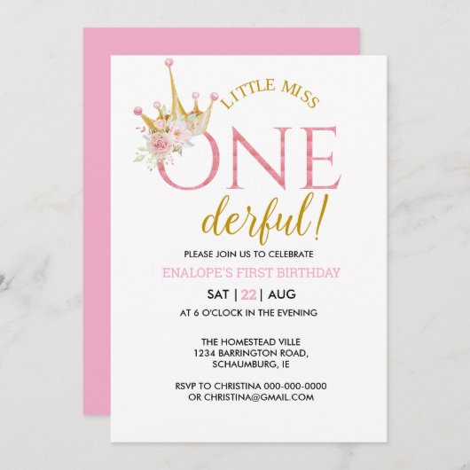 リトル恋しく思オネダーフル王冠1歳の誕生日 招待状 (正面/裏面)