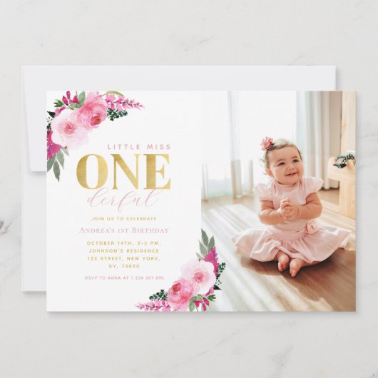 リトル恋しく思オネダーフル絵を描フローラ1歳の誕生日 招待状 (正面)
