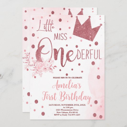 リトル恋しく思オネダーフル誕生日、1歳の誕生日 招待状 (正面/裏面)