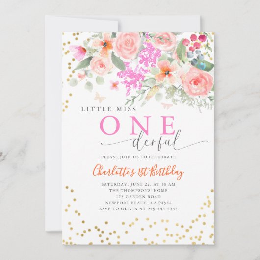 リトル恋しく思オネダーフル鮮やかガール1st誕生日 招待状 (正面)