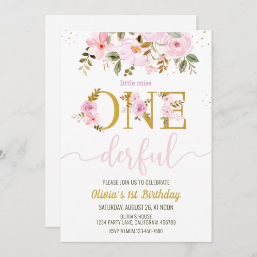 リトル恋しく思オネダーフル1歳の誕生日招待状ガール 招待状 (正面/裏面)