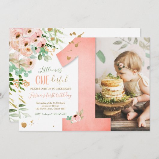 リトル恋しく思オネダーフル1歳の誕生日招待状フローラ 招待状 (正面/裏面)