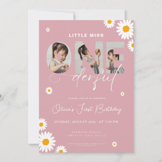 リトル恋しく思オネダーフル1st誕生日3写真デイジー 招待状 (正面)