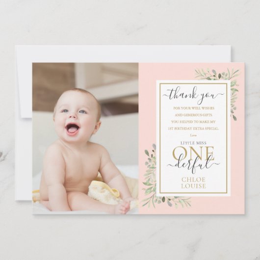 リトル恋しく思オンドルフルピンクの女の子1st誕生日の写真 サンキューカード (正面)