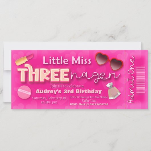 リトル恋しく思スレーナーガー – 女の子の3rd誕生日チケット 招待状 (正面)