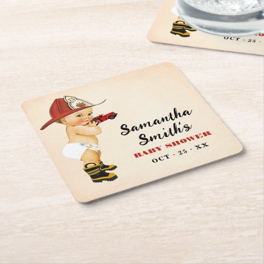 リトル消防士ベビーシャワーパーティーデコールスクエア スクエアペーパーコースター (アングル)