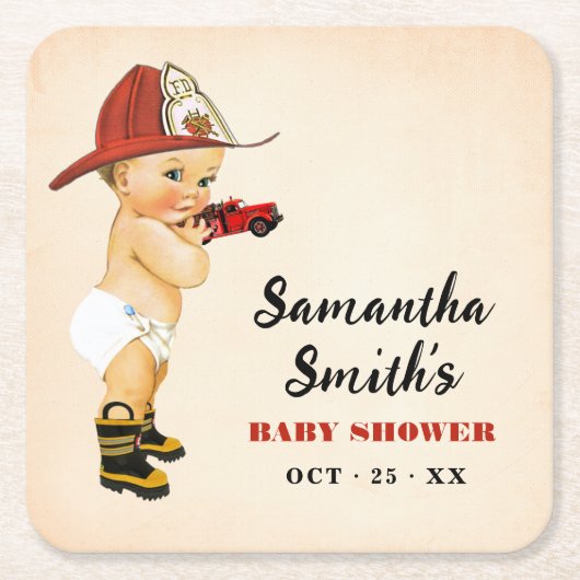 リトル消防士ベビーシャワーパーティーデコールスクエア スクエアペーパーコースター (正面)