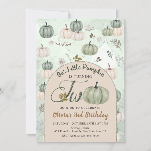 リトル素朴カボチャ秋グリーン第2誕生日 招待状 (正面)