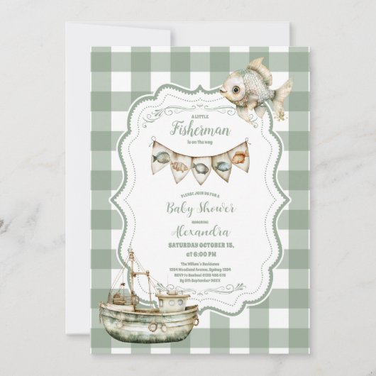 リトル素朴フィッシャーマン魚釣りベビーシャワー 招待状 (正面)