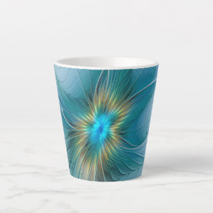リトル美しいモダンブルー金ゴールドフラクタルアートフラワー カフェラテマグ