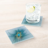 リトル美しいモダンブルー金ゴールドフラクタルアートフラワー ガラスコースター (アングル)