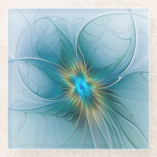リトル美しいモダンブルー金ゴールドフラクタルアートフラワー ガラスコースター (正面)