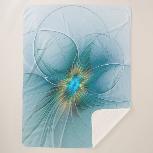 リトル美しいモダンブルー金ゴールドフラクタルアートフラワー シェルパブランケット (正面)