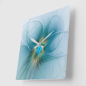 リトル美しいモダンブルー金ゴールドフラクタルアートフラワー スクエア壁時計 (傾斜)