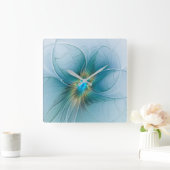 リトル美しいモダンブルー金ゴールドフラクタルアートフラワー スクエア壁時計 (ホーム)