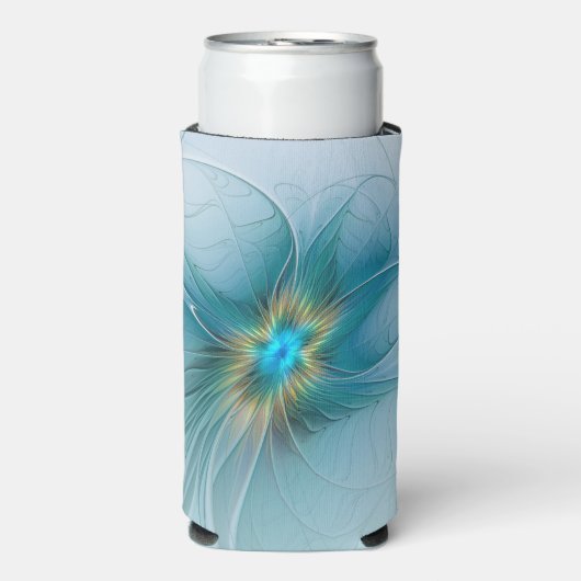 リトル美しいモダンブルー金ゴールドフラクタルアートフラワー スリム缶クーラー (Seltzer正面)