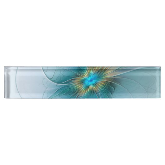 リトル美しいモダンブルー金ゴールドフラクタルアートフラワー デスクネームプレート (正面)