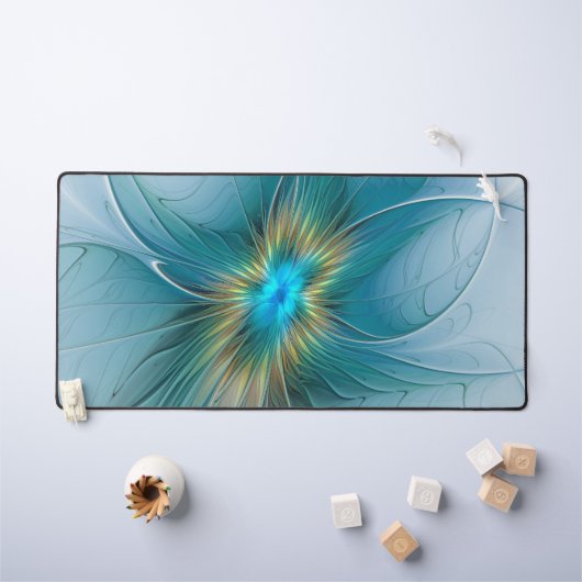 リトル美しいモダンブルー金ゴールドフラクタルアートフラワー デスクマット (キッズテーブル)