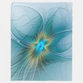リトル美しいモダンブルー金ゴールドフラクタルアートフラワー フリースブランケット (正面)