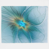 リトル美しいモダンブルー金ゴールドフラクタルアートフラワー フリースブランケット (正面(横))