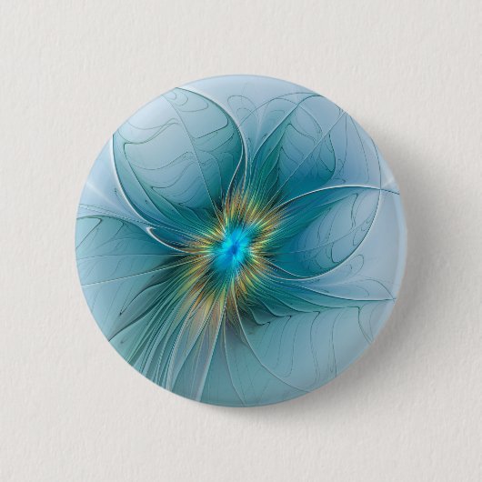 リトル美しいモダンブルー金ゴールドフラクタルアートフラワー 缶バッジ (正面)