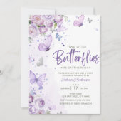 リトル蝶パープルフローラツインズベビーシャワー 招待状 (正面)
